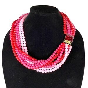Hattie Carnegie Vintage Pink Red Glass Bead‎ Statement Necklace 1950s Signed